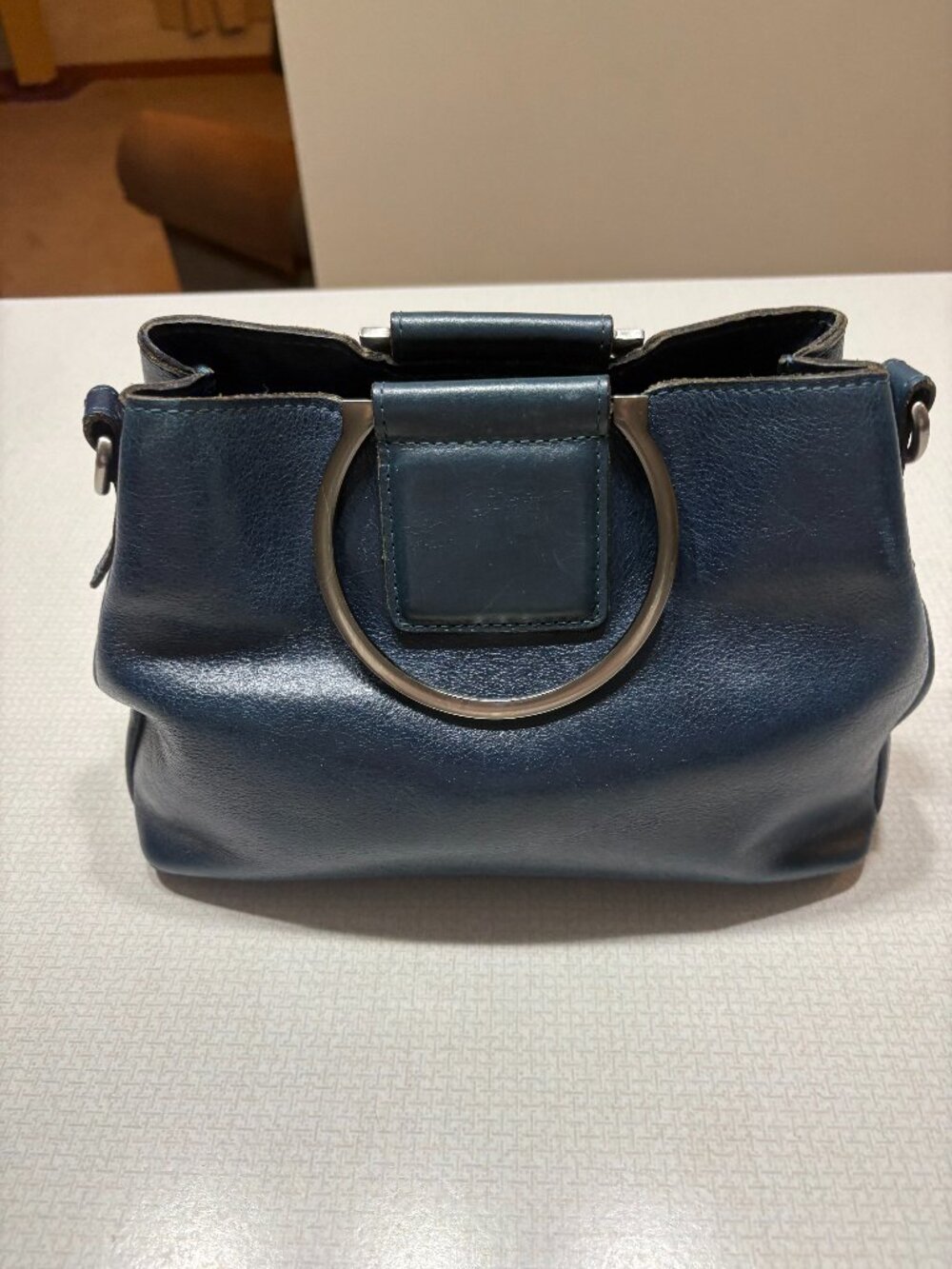 GUC Patricia Nash Navy Leather Satchel with Metal Ring Handles